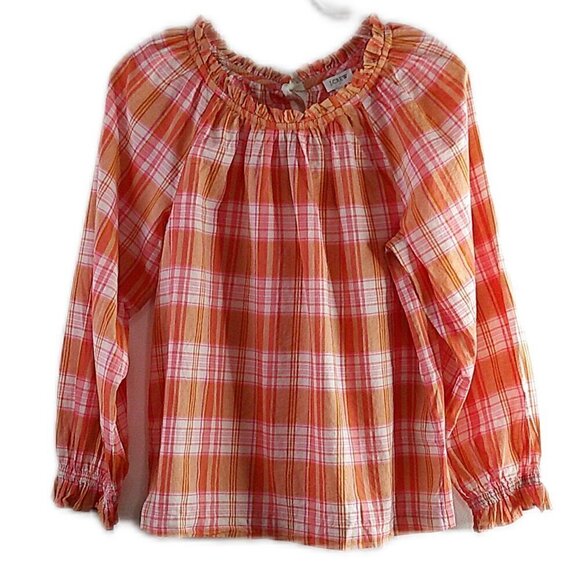 J. Crew- Orange/Pink Plaid Long Sleeve Tie Neck Top - Small - Picture 1 of 8